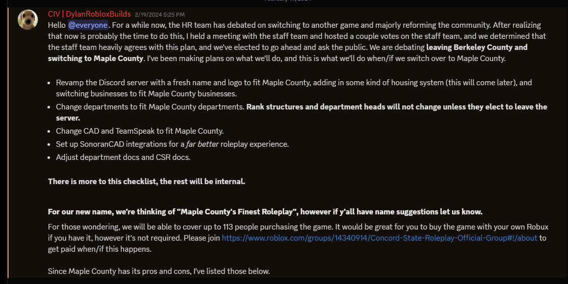 A poll sent by Dylan on February 19, 2024, explaining the pros and cons of switching to Maple County. The poll received a total of 22 votes, with 19 votes in favor of switching to Maple County and 3 votes against.