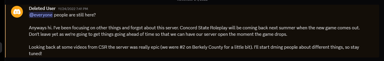 The first announcement from TheDylanator about the revival of Concord State Roleplay. Sent on 11/22/2022, retrieved on 3/26/2025.