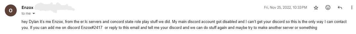 The email from 4Enzox to TheDylanator that sparked the revival of Concord State Roleplay. Sent on 11/25/2022, retrieved on 3/26/2025.
