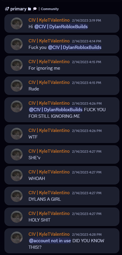 KyleTValentino's first messages in the CSR Discord server. This string of messages basically captures his entire personality. ⚠️ Message content contains profanity.
