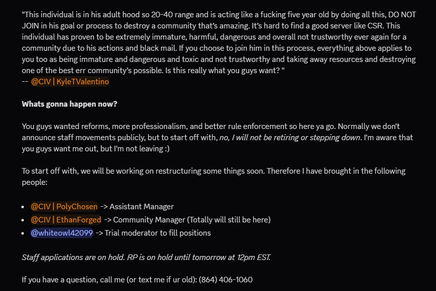 Part 2 of the announcement made by TheDylanator (Dylan) on June 3, 2023, regarding the PrinceZucco incident. This announcement was made to clear up the situation to community members and included statements from other community members who also had no tolerance for this behavior. Sent on 6/3/2023, retrieved on 3/29/2025.