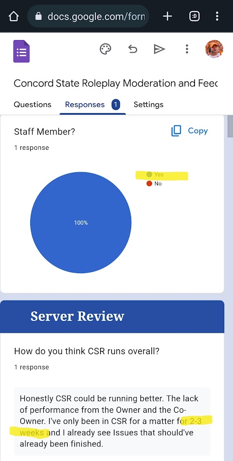 A response to the feedback form created by Prince on June 3, 2023. In this response, the individual claims that they are a staff member, while also claiming that they have only been in CSR for 2-8 weeks. At this time, there was no one on the CSR staff team who was this new, therefore management believed this form response was bogus.