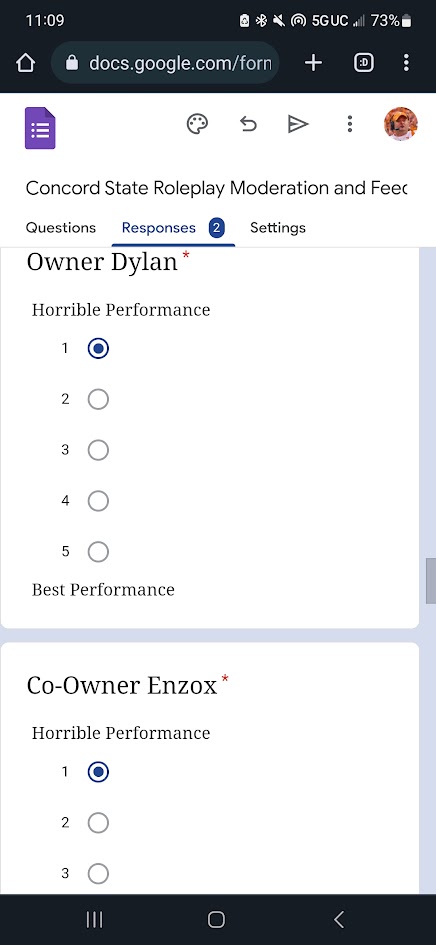A response to the feedback form created by Prince on June 3, 2023. In this response, the individual rates Dylan's performance as "horrible".