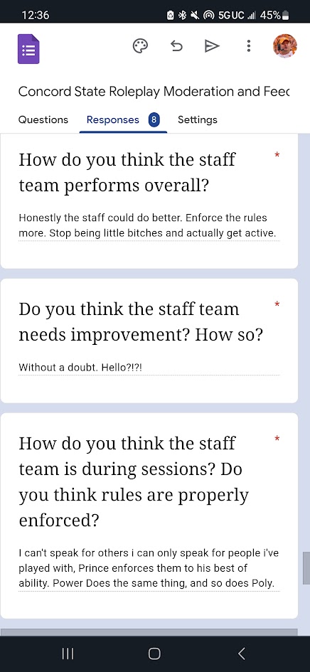 A response to the feedback form created by Prince on June 3, 2023. In this response, the individual claims that the staff team needs to "stop being little bitches and actually get active", before commending three certain staff members, one of which being Prince.