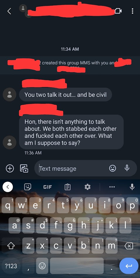 The first messages of a group chat created by Heather on June 5, 2023. This group chat consisted of Heather, Prince, and Dylan. Heather attempts to facilitate a conversation between Prince and Dylan, however Prince says that there is "nothing to talk about".