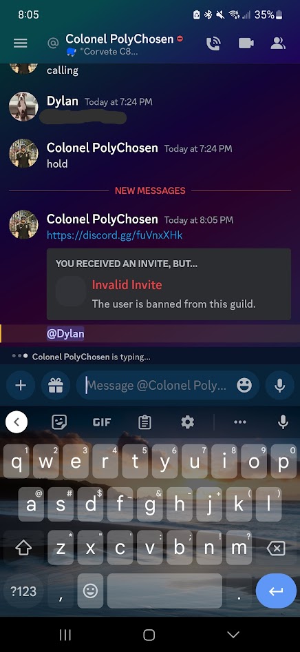 A message sent by PolyChosen to Dylan on June 3, 2023. In this message, Poly attempts to invite Dylan to the CSP server, however he was banned by Prince.