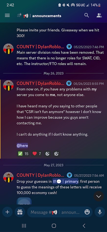 An announcement sent by Dylan a few days before the incident, regarding members complaining about his leadership of the community. Sent on 5/26/2023, retrieved on 3/30/2025.
