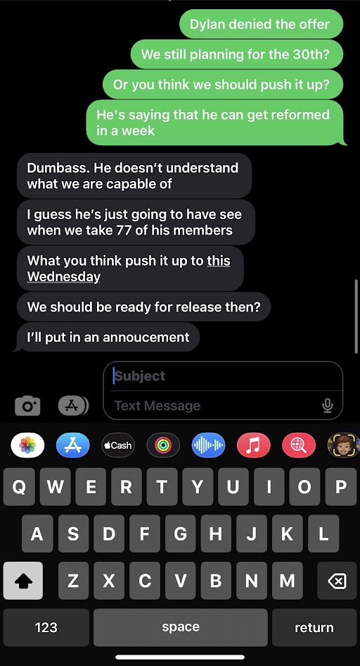 A text chain between Prince and Poly, occuring some time before June 3, 2023. Poly is the sender (green bubbles) in this discussion.