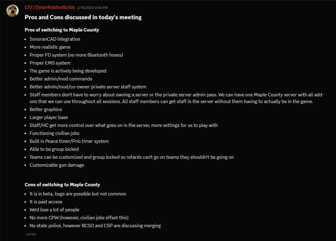 A list of pros and cons of switching to Maple County, compiled after the staff meeting on February 18, 2024.